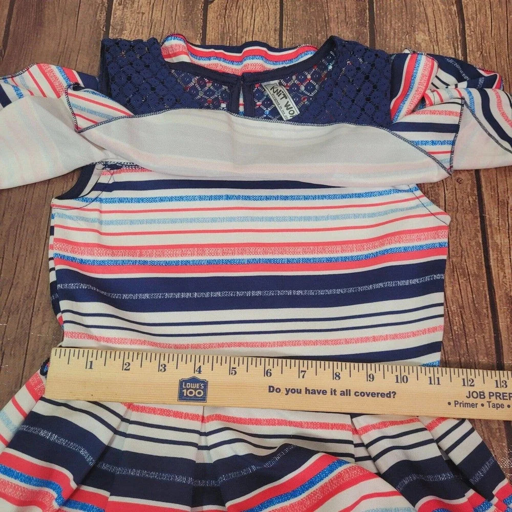 Knitworks Girls Dress Blue 7 Cold Shoulder Strip Fit & Flare Missing Belt
